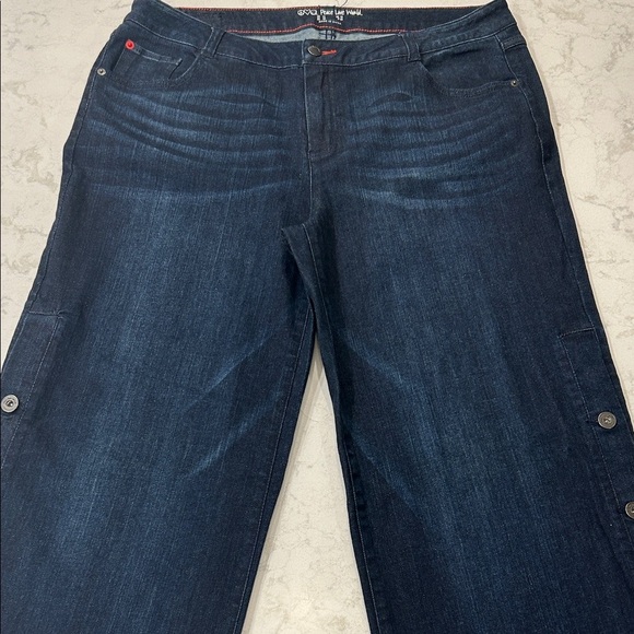 Peace Love World Regular Wide Leg Jeans with Side Buttons Womens Dark Blue Jeans - Picture 4 of 16